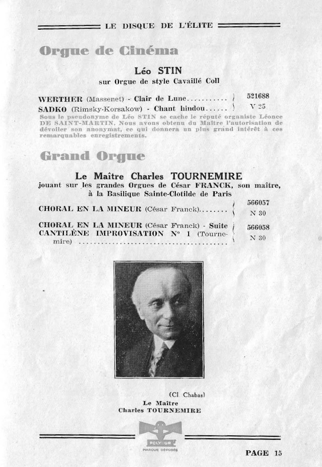 packaging sheet from audio recording of a Tournemire concert